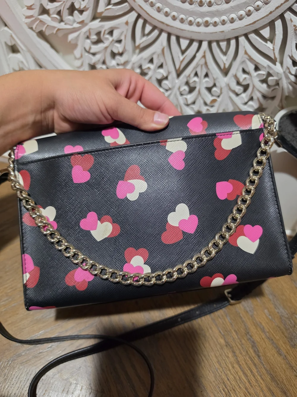 Kate Spade New York Heart Print Crossbody Purse | Black Multi | Gold Chain Strap